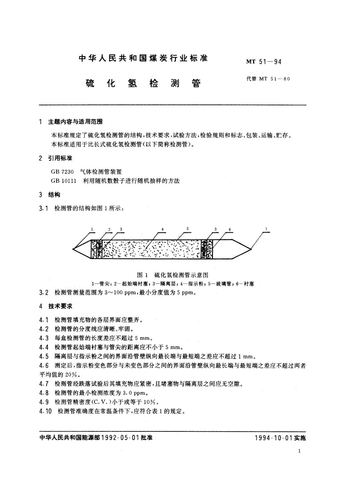 MT 51-1994 硫化氢检测管