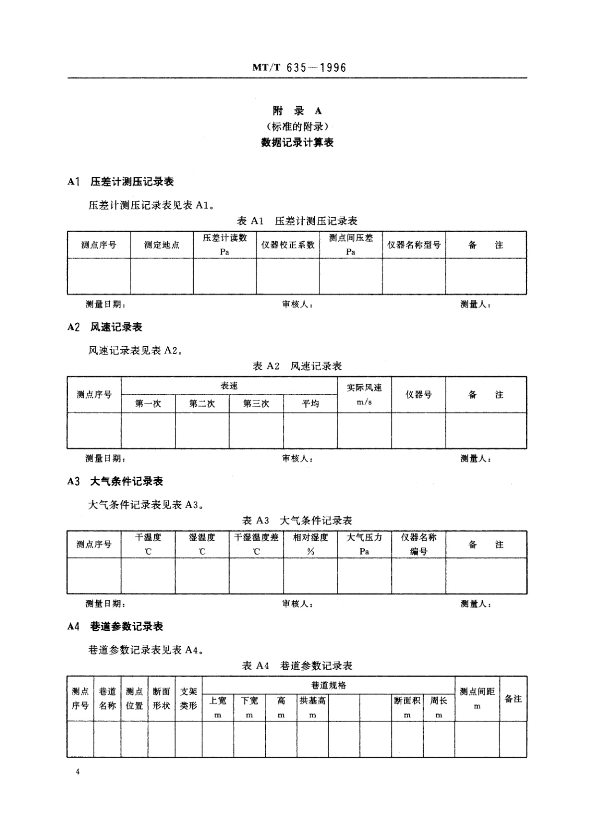 MT/T 635-1996 矿井巷道通风摩擦阻力系数测定方法