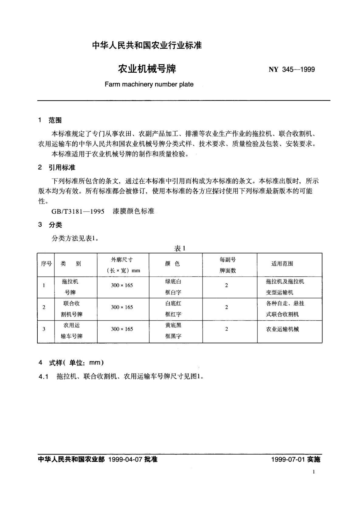 NY 345-1999 农业机械号牌