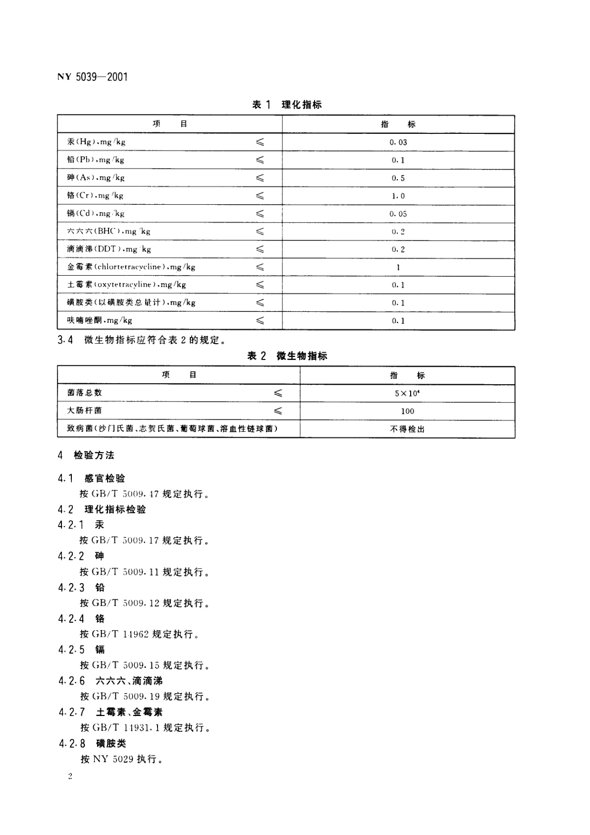 NY 5039-2001 无公害食品　鸡蛋