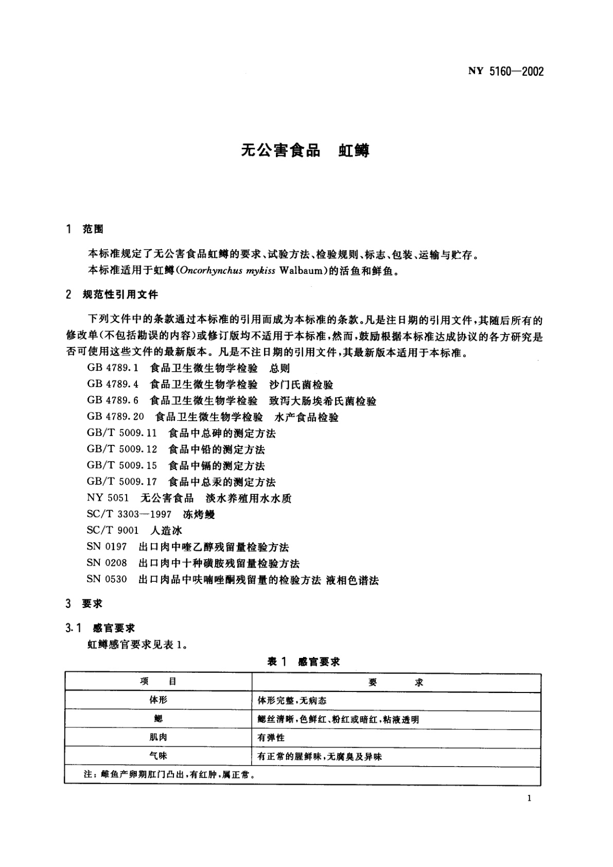 NY 5160-2002 无公害食品　虹鳟