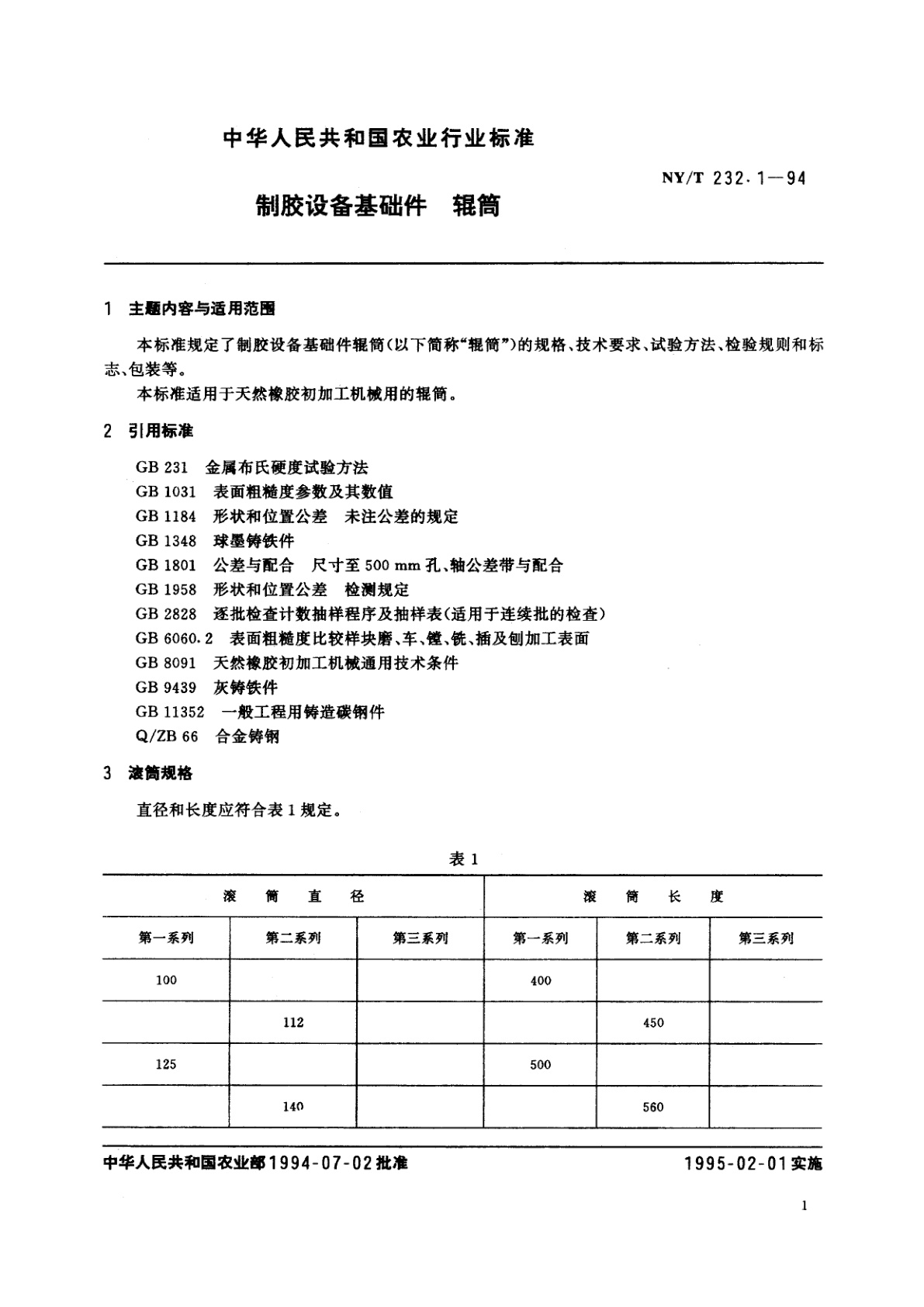 NY/T 232.1-1994 制胶设备基础件　辊筒