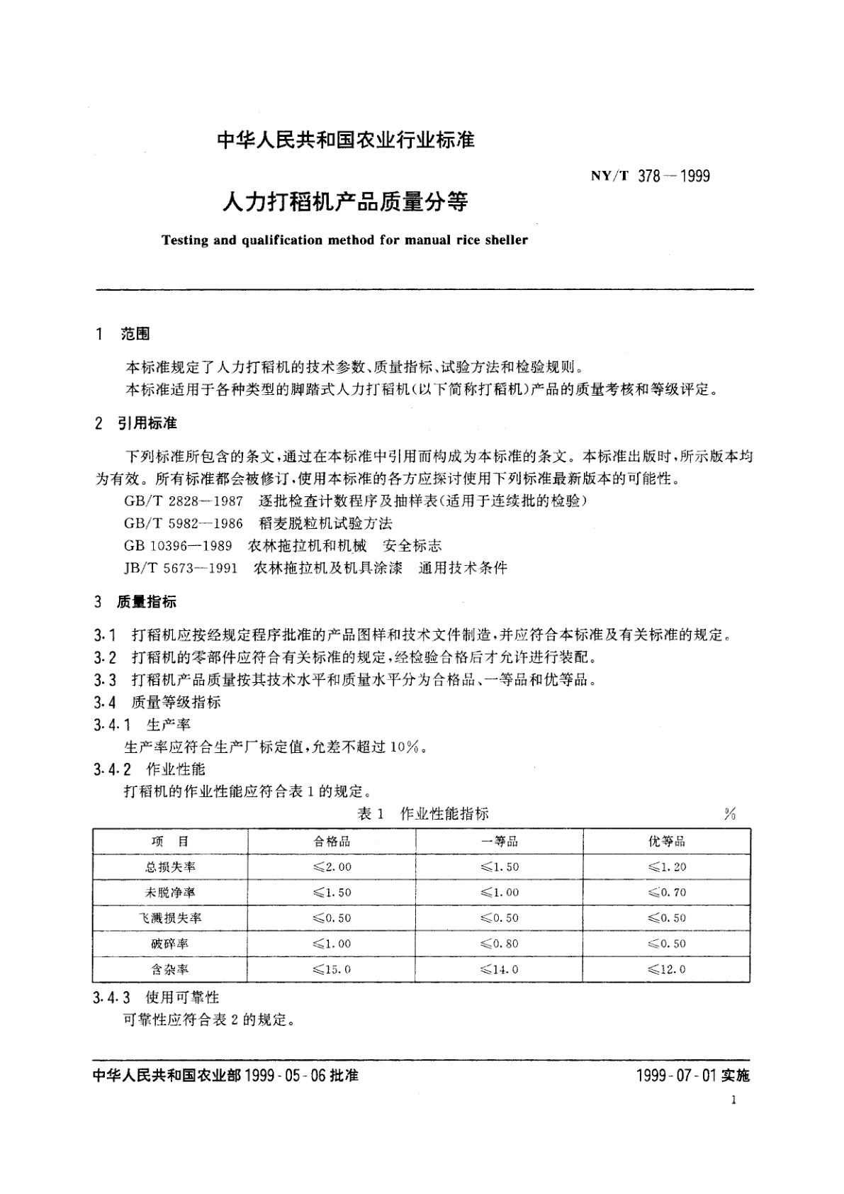 NY/T 378-1999 人力打稻机产品质量分等