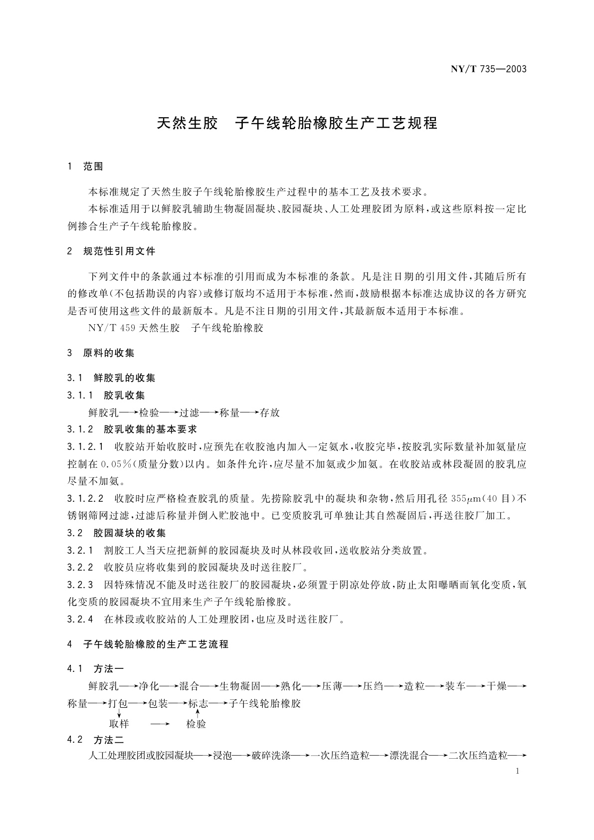 NY/T 735-2003 天然生胶　子午线轮胎橡胶生产工艺规程