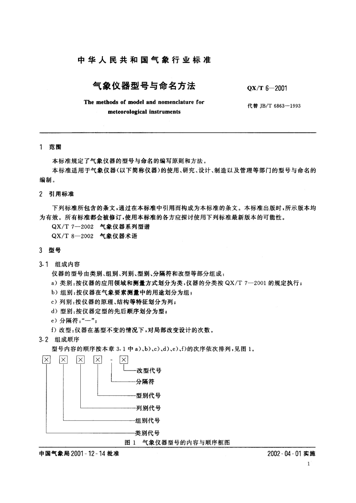 QX/T 6-2001 气象仪器型号与命名方法