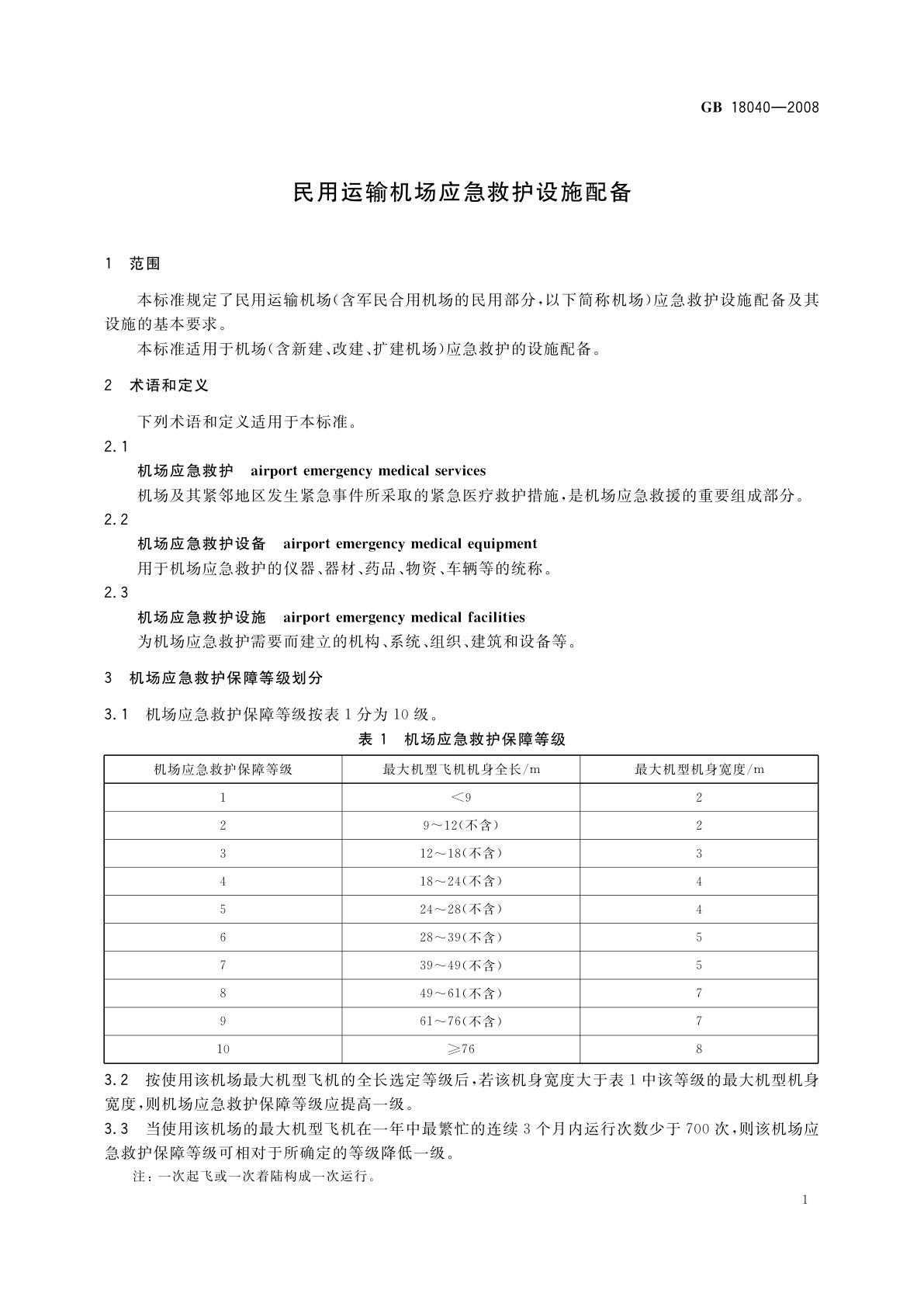 GB 18040-2008 民用运输机场应急救护设施配备