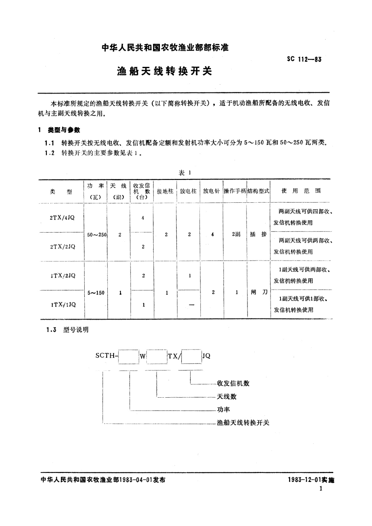 SC 112-1983 渔船天线转换开关