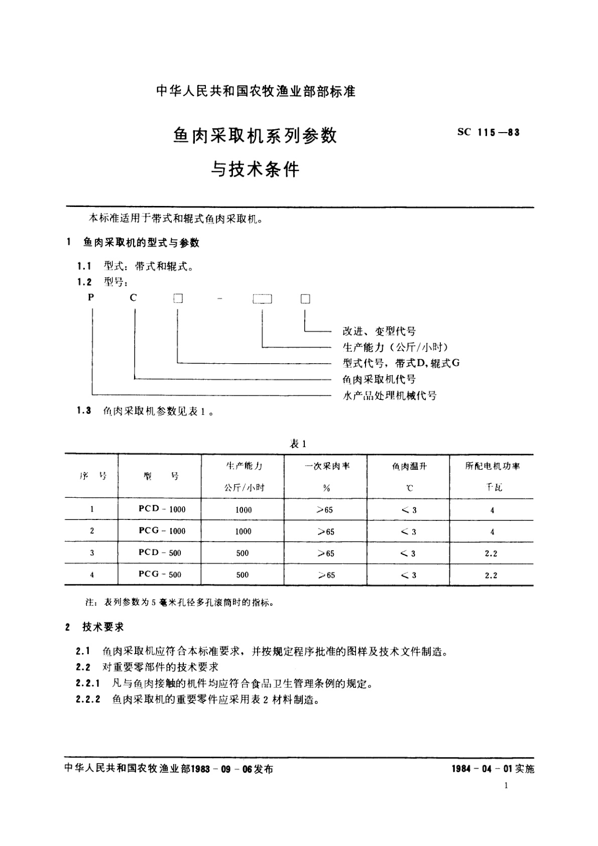 SC 115-1983 鱼肉采取机系列参数与技术条件