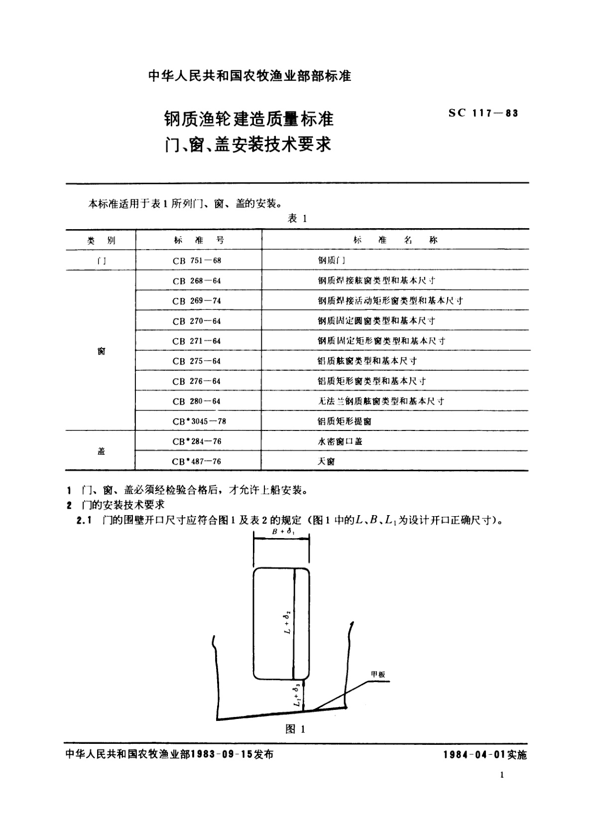 SC 117-1983 钢质渔轮建造质量标准　门、窗、盖安装技术要求