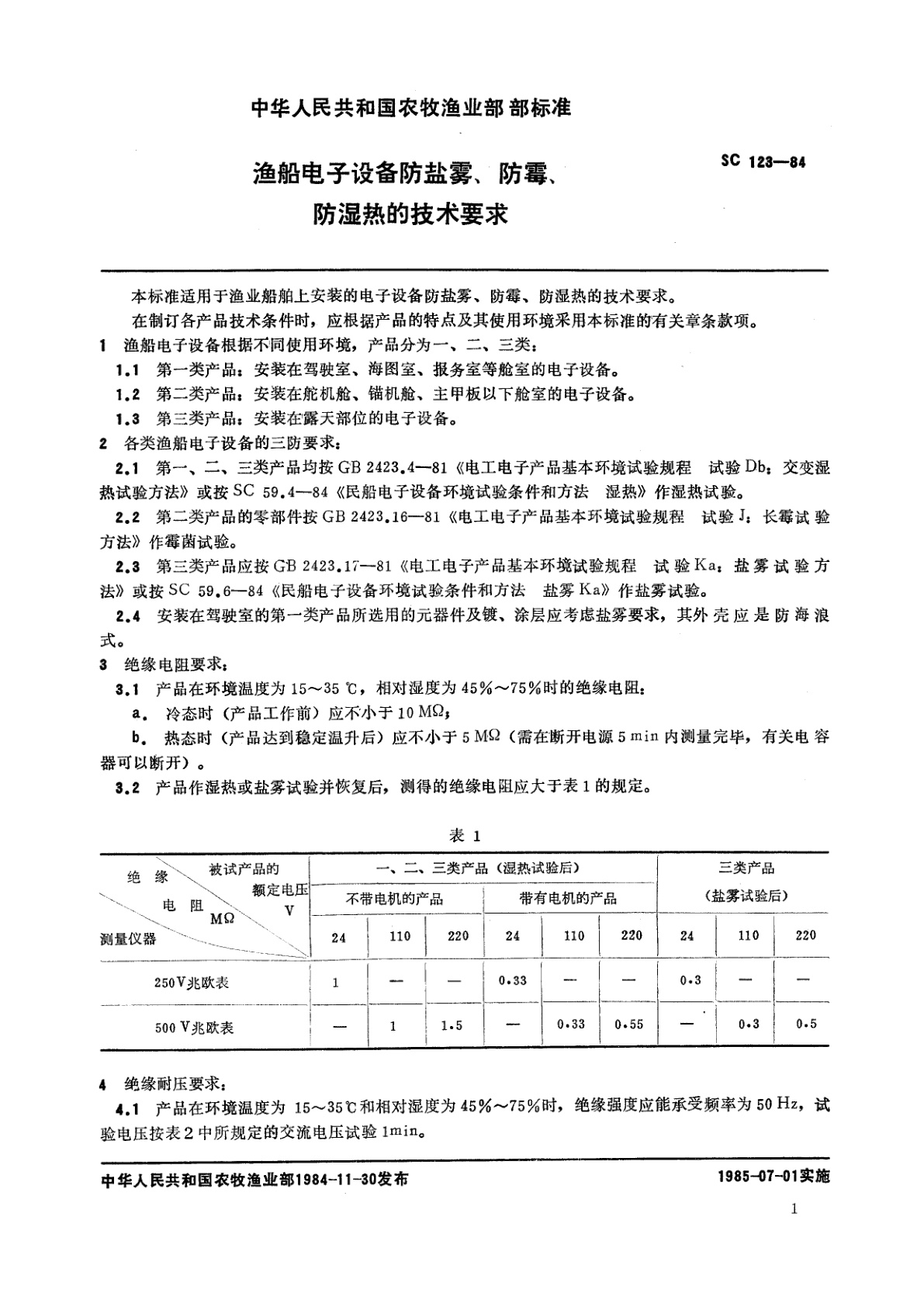 SC 123-1984 渔船电子设备防盐雾、防霉、防湿热的技术要求