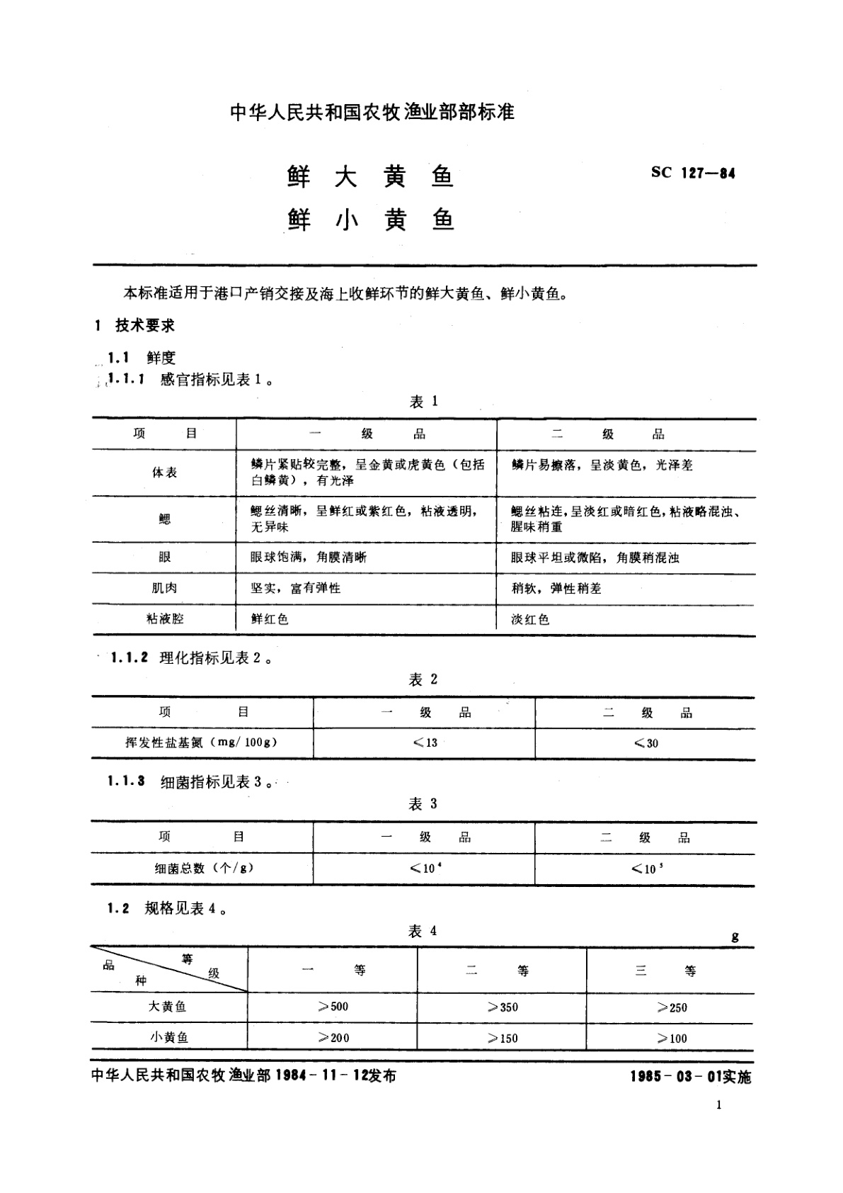 SC 127-1984 鲜大黄鱼　鲜小黄鱼