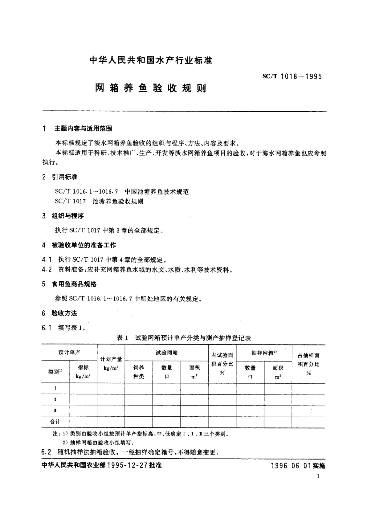 SC/T 1018-1995 网箱养鱼验收规则