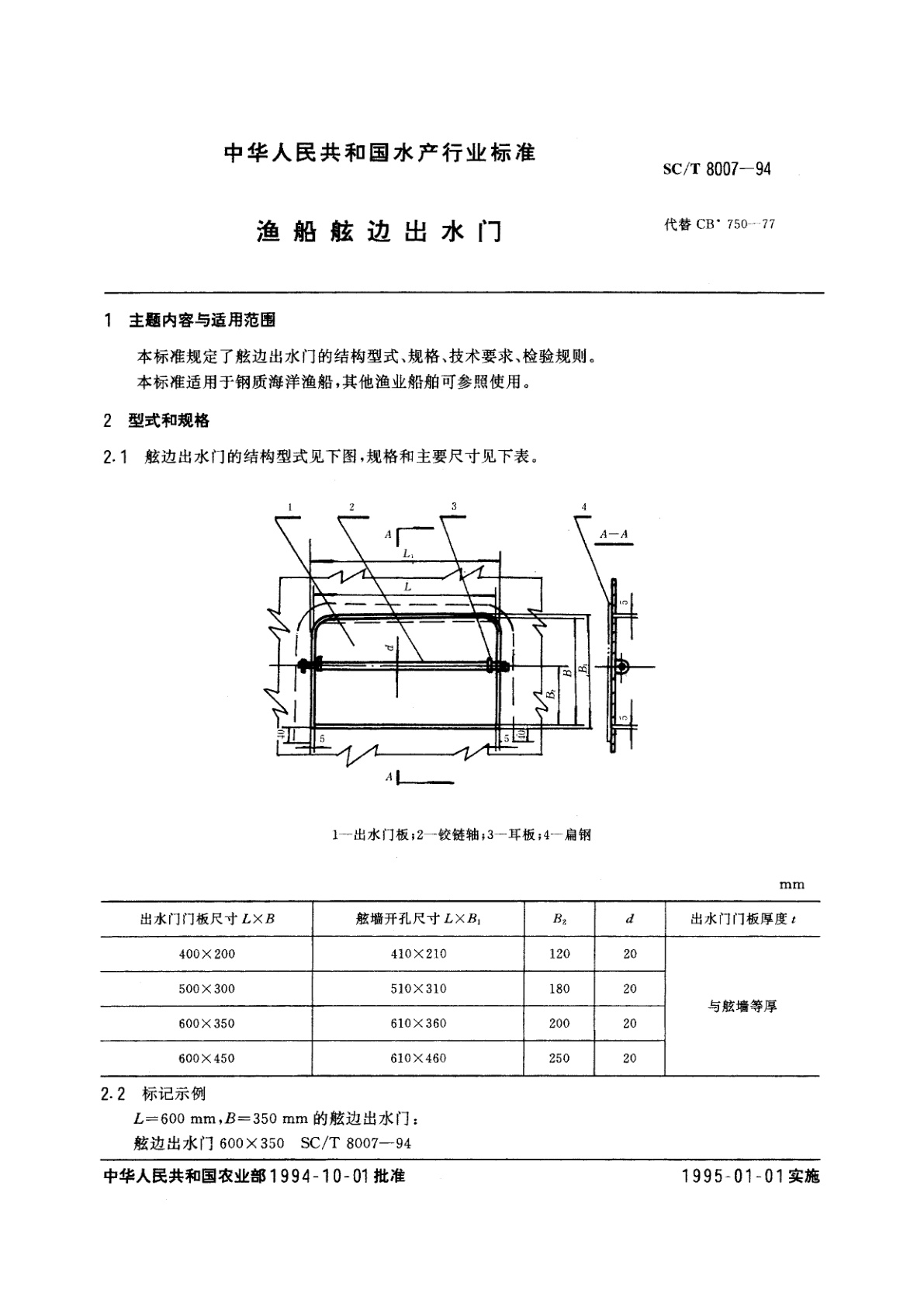 SC/T 8007-1994 渔船舷边出水门