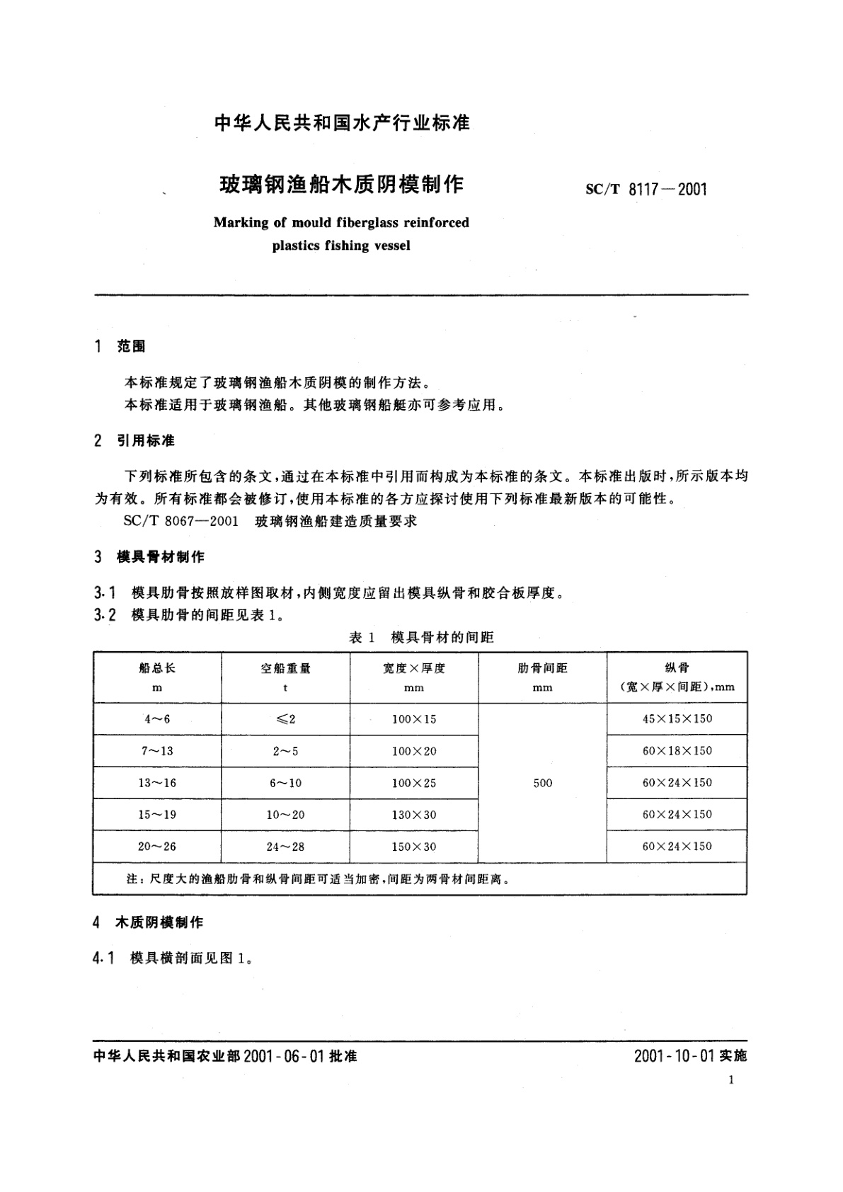 SC/T 8117-2001 玻璃钢渔船木质阴模制作