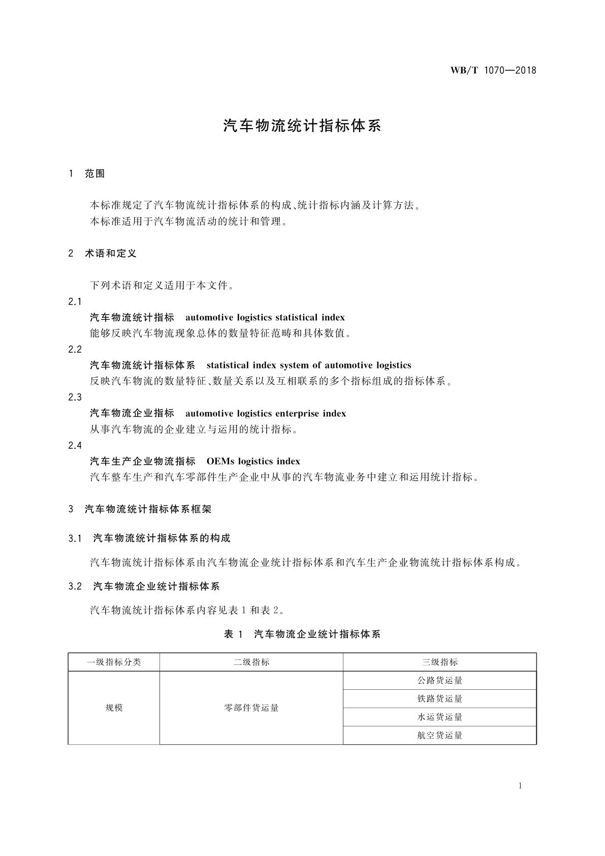 WB/T 1070-2018 汽车物流统计指标体系
