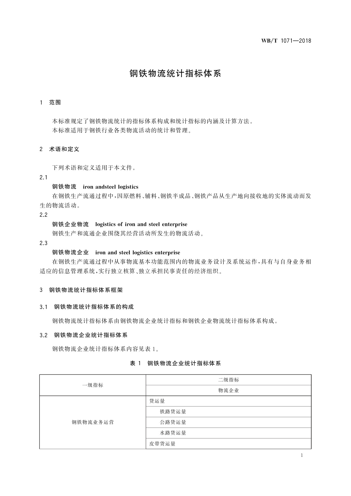 WB/T 1071-2018 钢铁物流统计指标体系