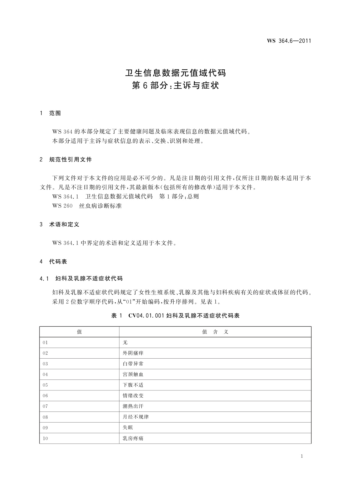 WS 364.6-2011 卫生信息数据元值域代码　第6部分：主诉与症状