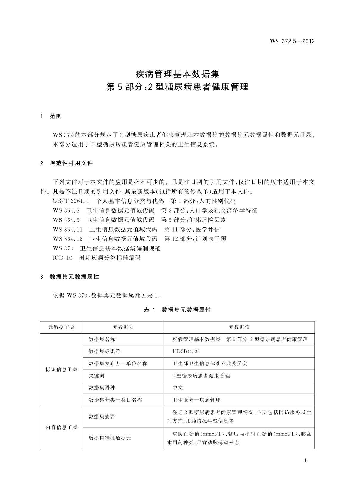 WS 372.5-2012 疾病管理基本数据集　第5部分：2型糖尿病患者健康管理