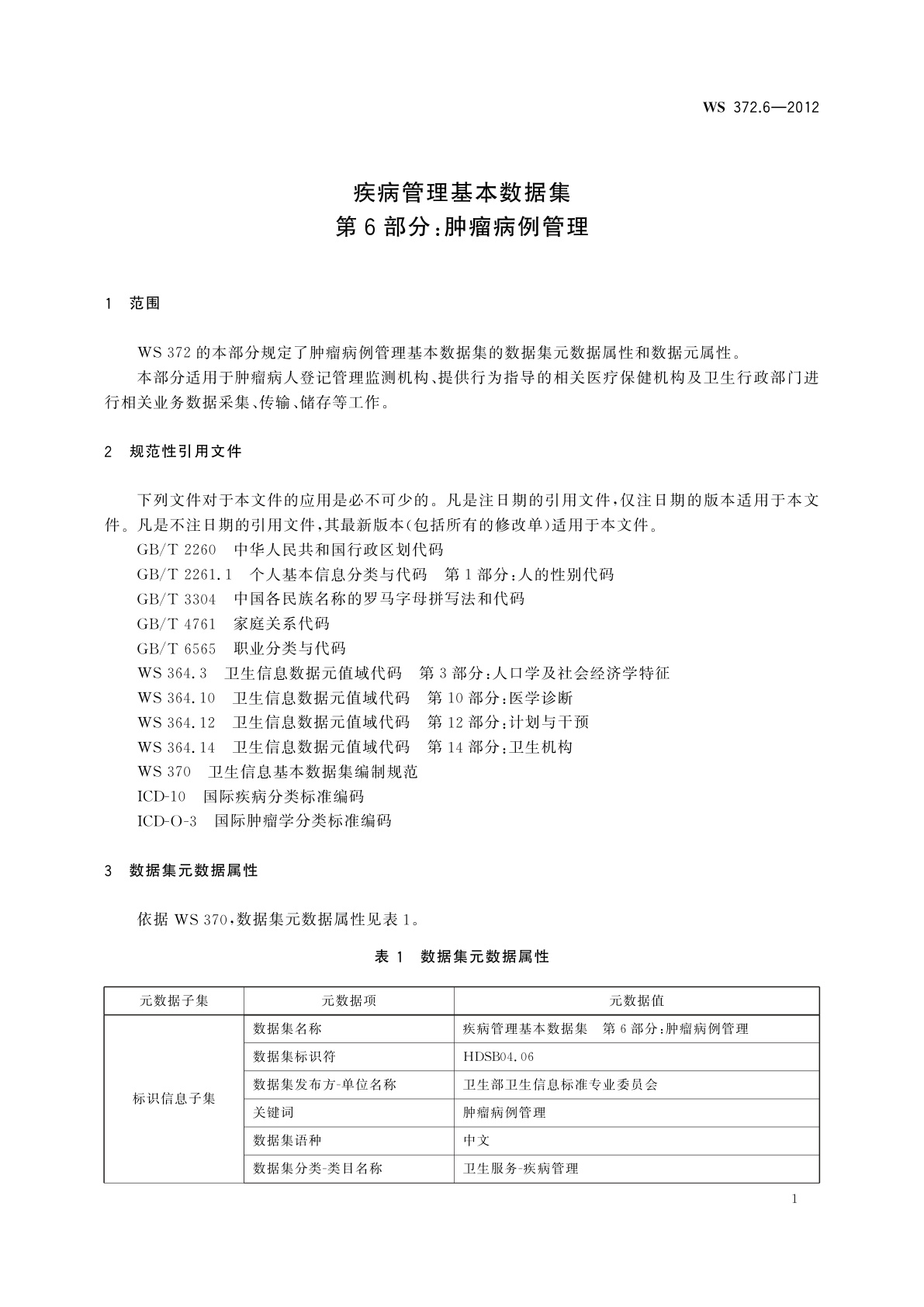 WS 372.6-2012 疾病管理基本数据集　第6部分：肿瘤病例管理