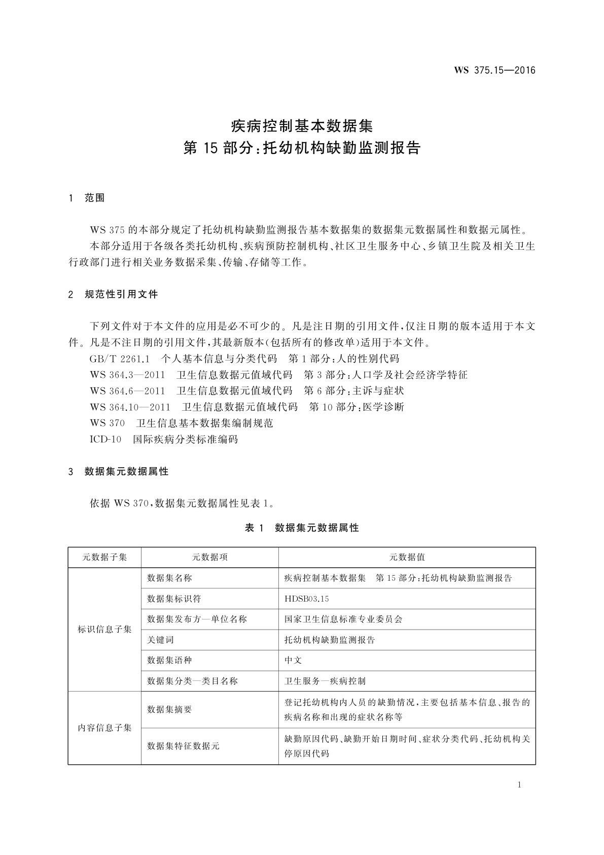 WS 375.15-2016 疾病控制基本数据集　第15部分：托幼机构缺勤监测报告