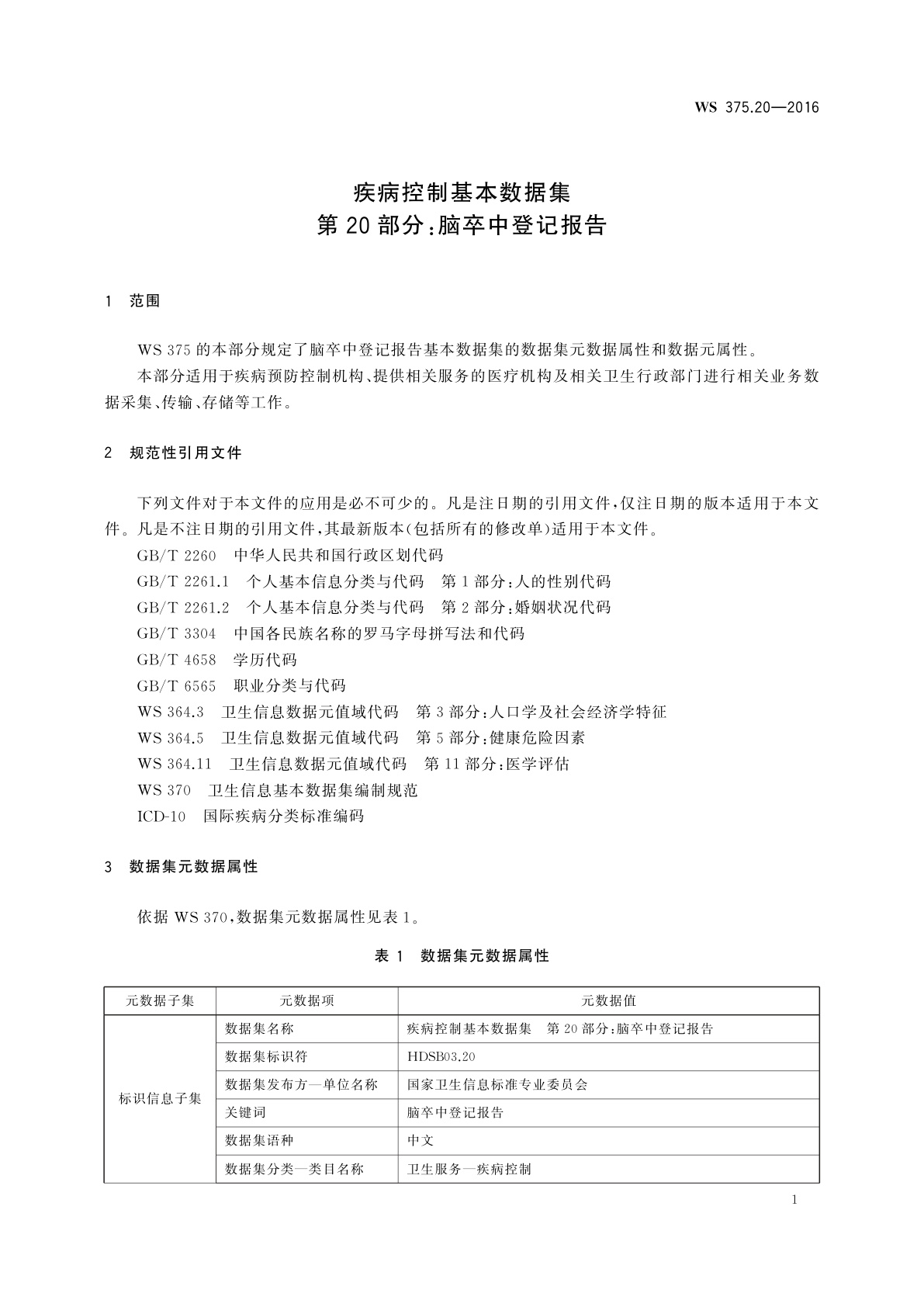 WS 375.20-2016 疾病控制基本数据集　第20部分：脑卒中登记报告