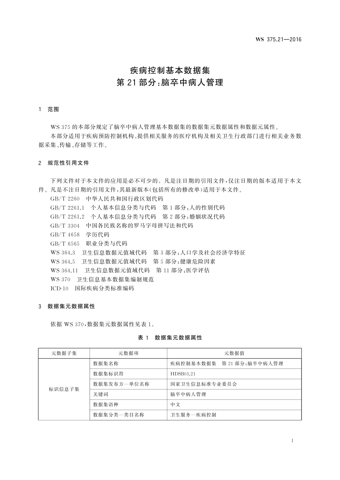 WS 375.21-2016 疾病控制基本数据集　第21部分：脑卒中病人管理
