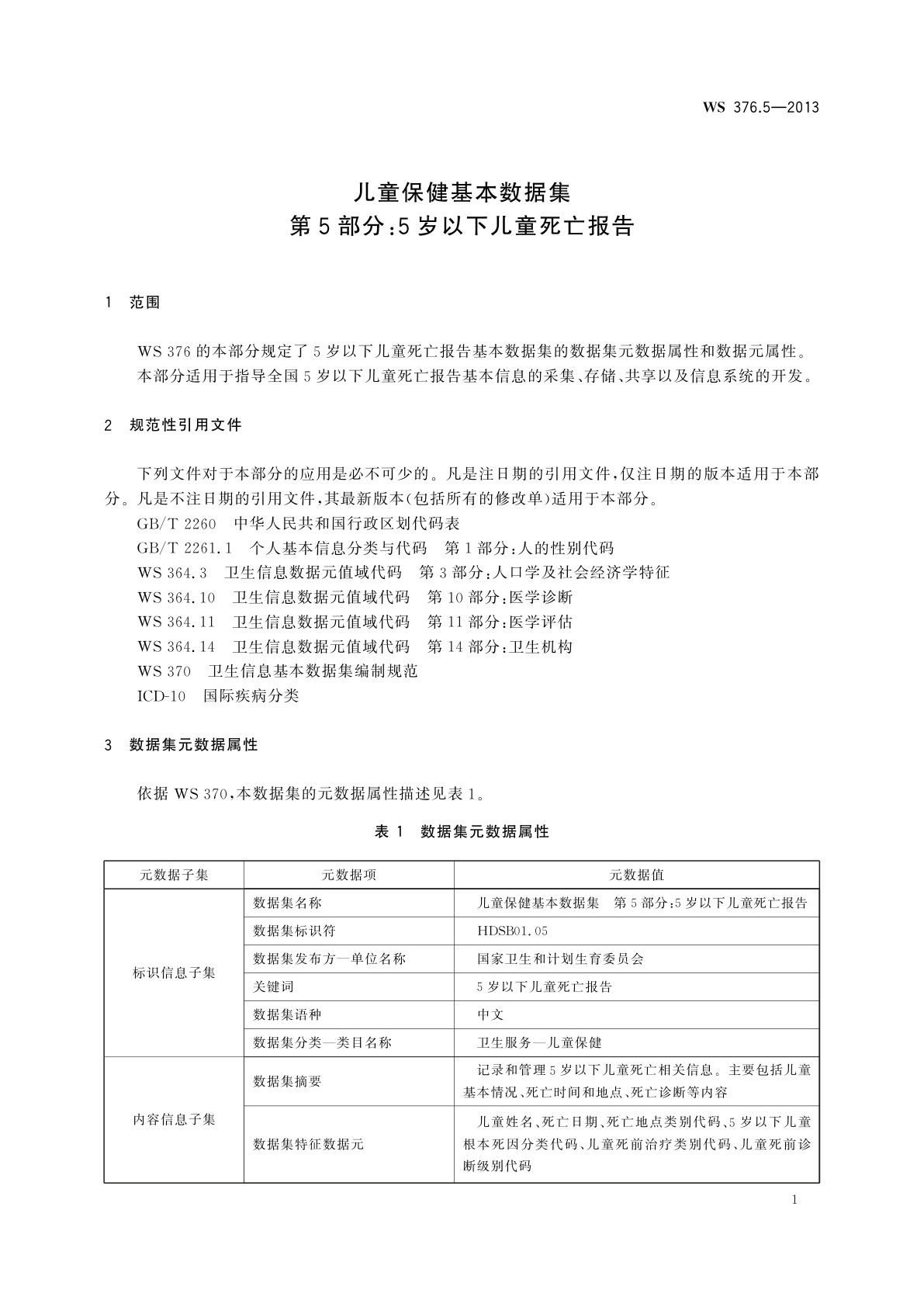 WS 376.5-2013 儿童保健基本数据集　第5部分：5岁以下儿童死亡报告
