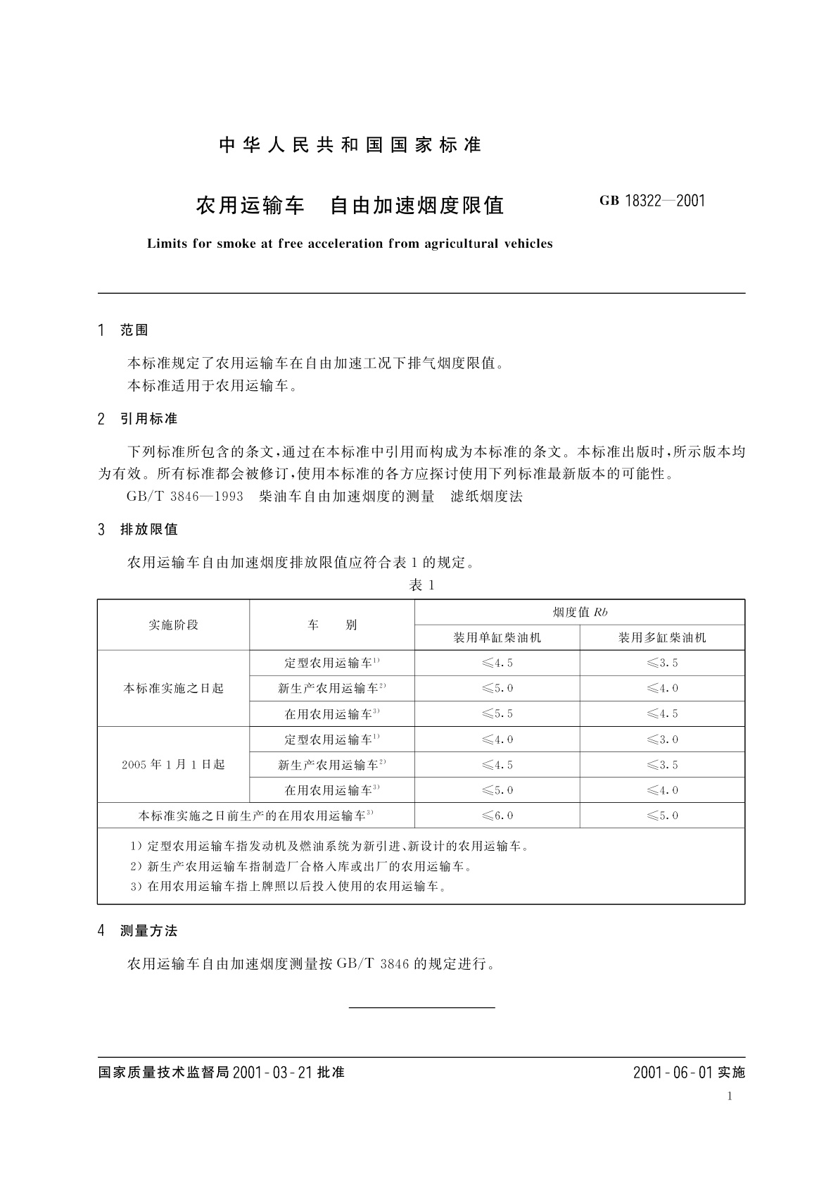 GB 18322-2001 农用运输车自由加速烟度限值