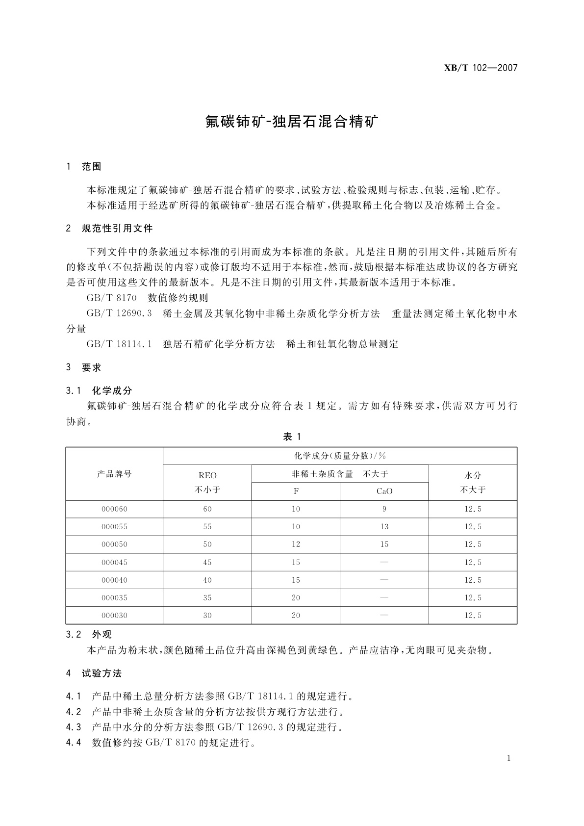 XB/T 102-2007 氟碳铈矿-独居石混合精矿
