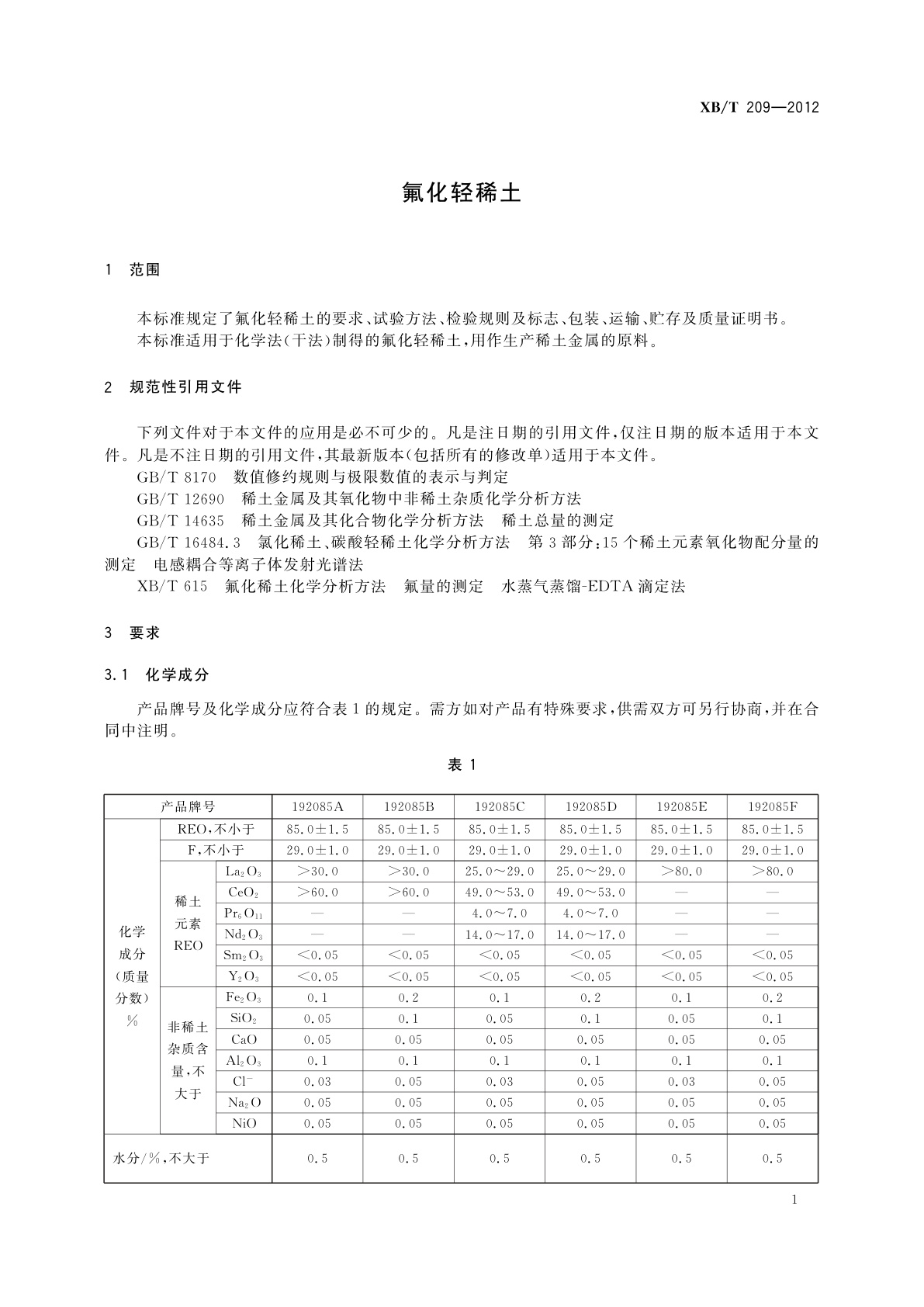 XB/T 209-2012 氟化轻稀土