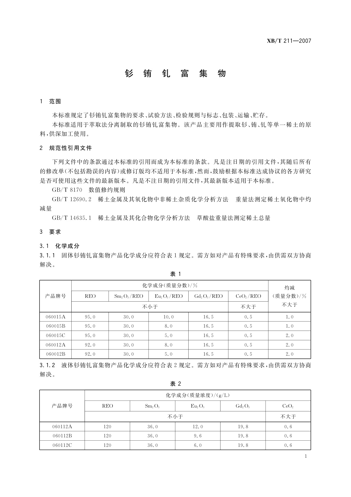 XB/T 211-2007 钐铕钆富集物