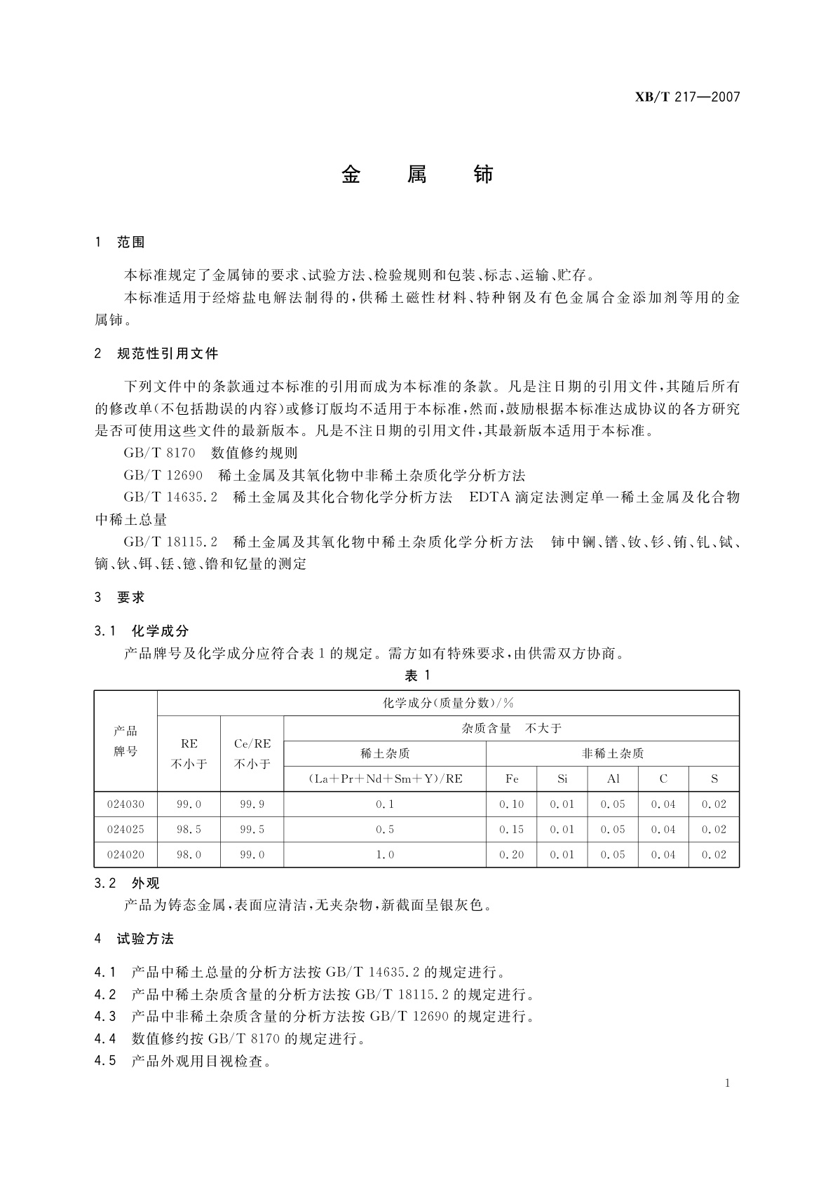 XB/T 217-2007 金属铈