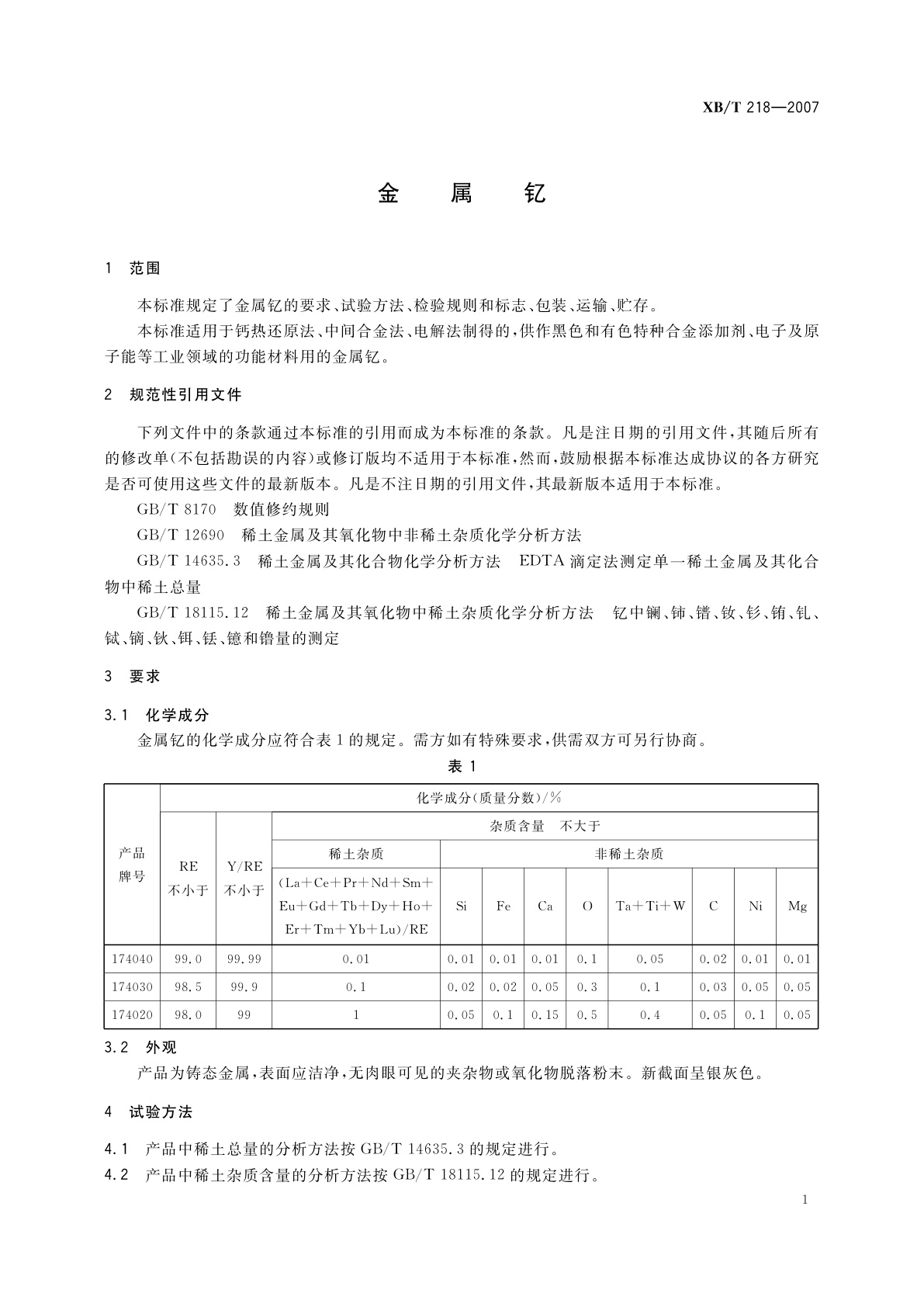 XB/T 218-2007 金属钇