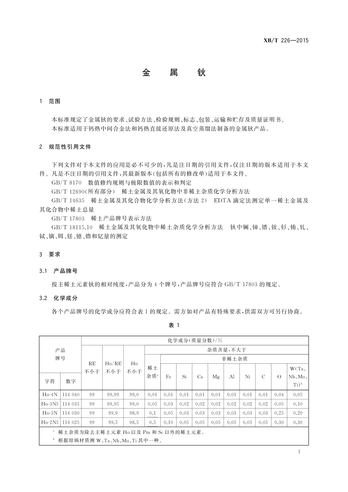 XB/T 226-2015 金属钬