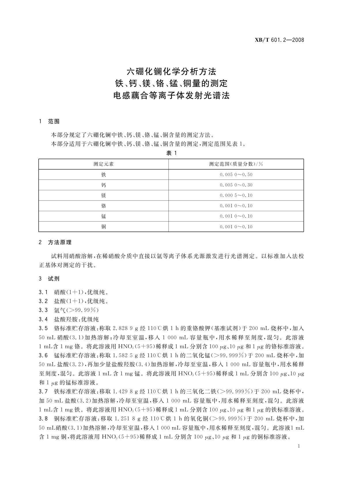 XB/T 601.2-2008 六硼化镧化学分析方法　铁、钙、镁、铬、锰、铜量的测定　电感耦合等离子体发射光谱法