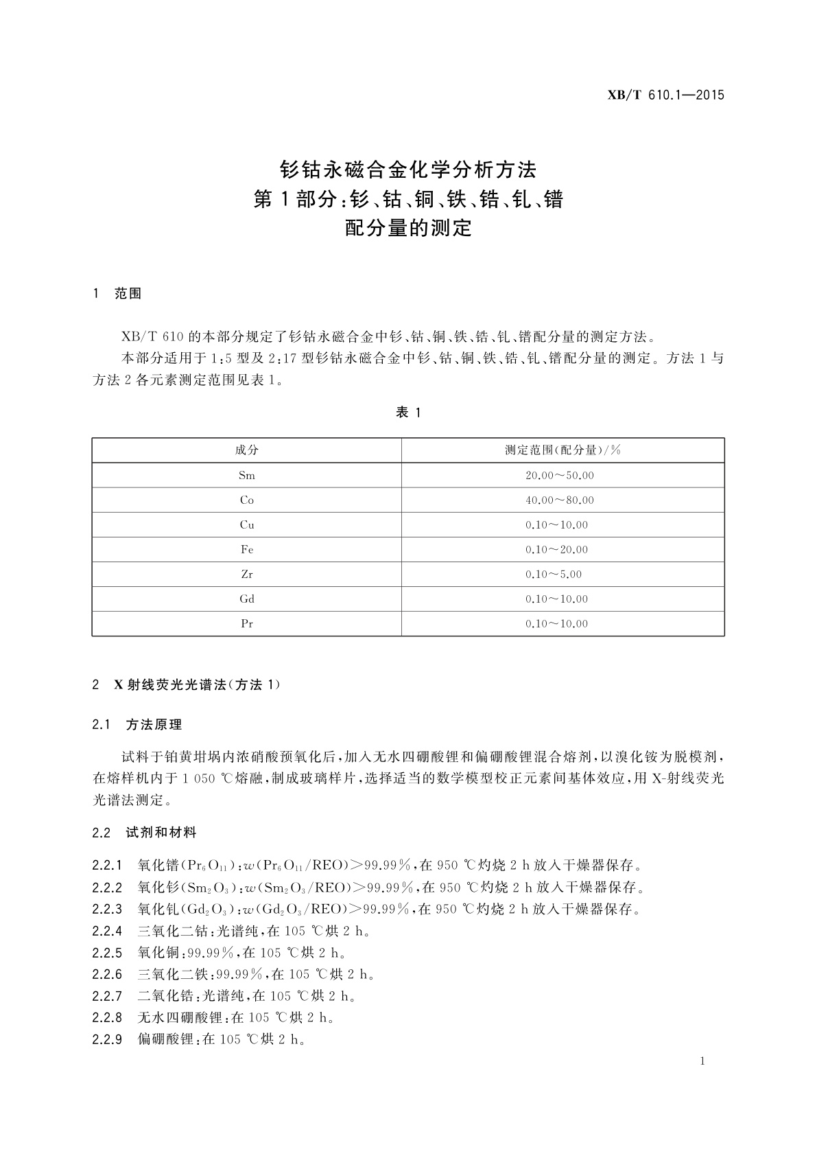 XB/T 610.1-2015 钐钴永磁合金化学分析方法　第1部分：钐、钴、铜、铁、锆、钆、镨　配分量的测定