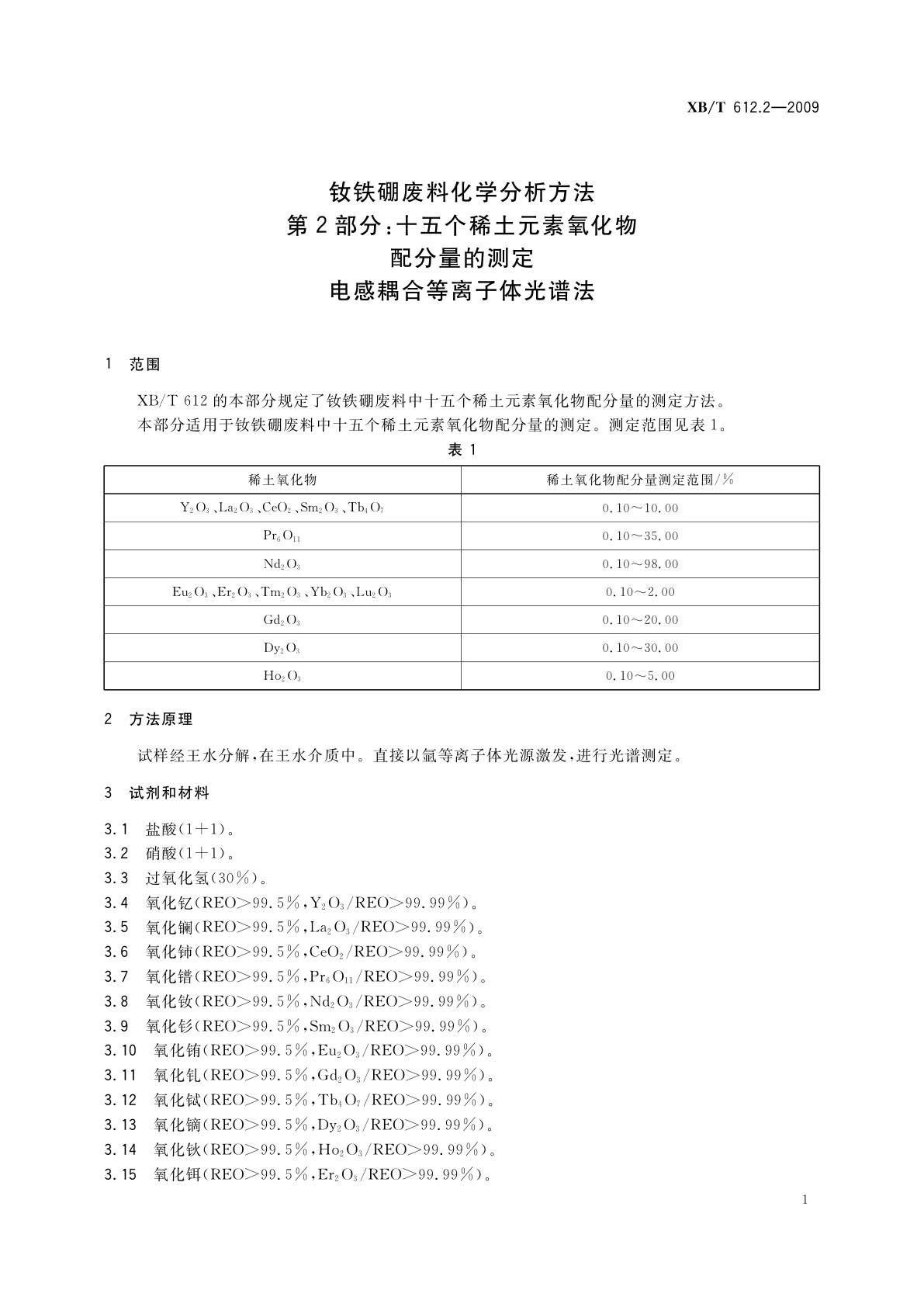 XB/T 612.2-2009 钕铁硼废料化学分析方法　第2部分：十五个稀土元素氧化物配分量的测定　电感耦合等离子体光谱法