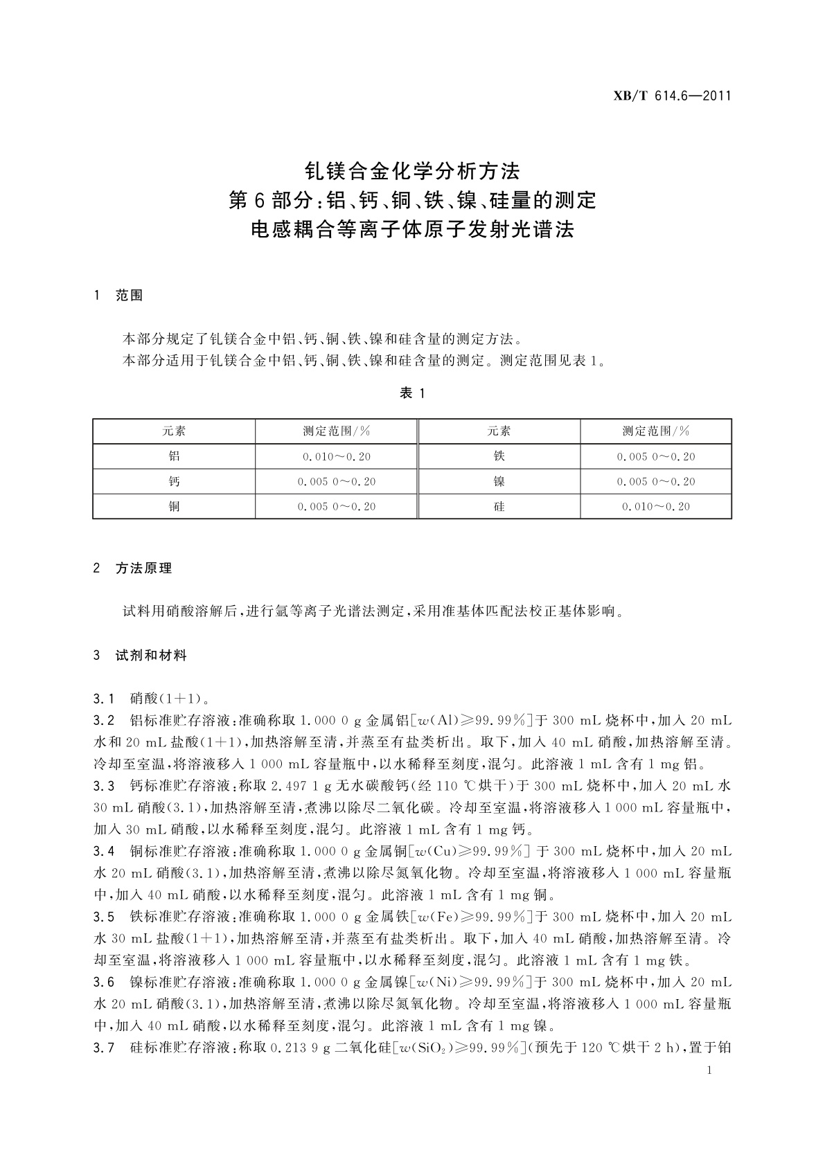XB/T 614.6-2011 钆镁合金化学分析方法　第6部分：铝、钙、铜、铁、镍、硅量的测定　电感耦合等离子体原子发射光谱法