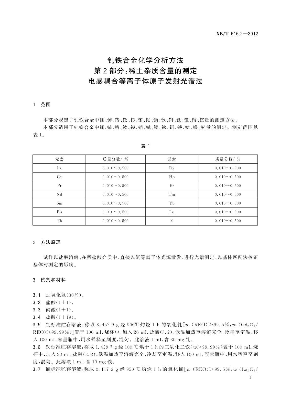 XB/T 616.2-2012 钆铁合金化学分析方法　第2部分：稀土杂质含量的测定　电感耦合等离子体原子发射光谱法
