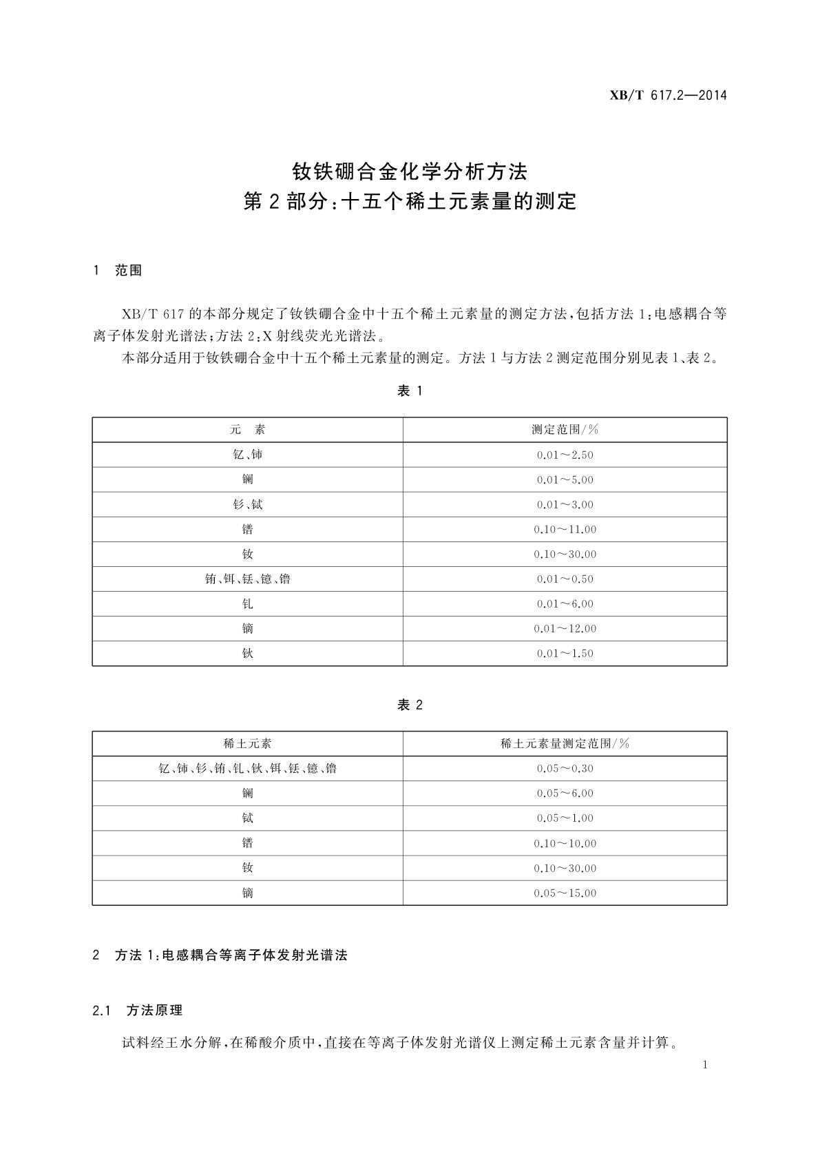 XB/T 617.2-2014 钕铁硼合金化学分析方法　第2部分：十五个稀土元素量的测定