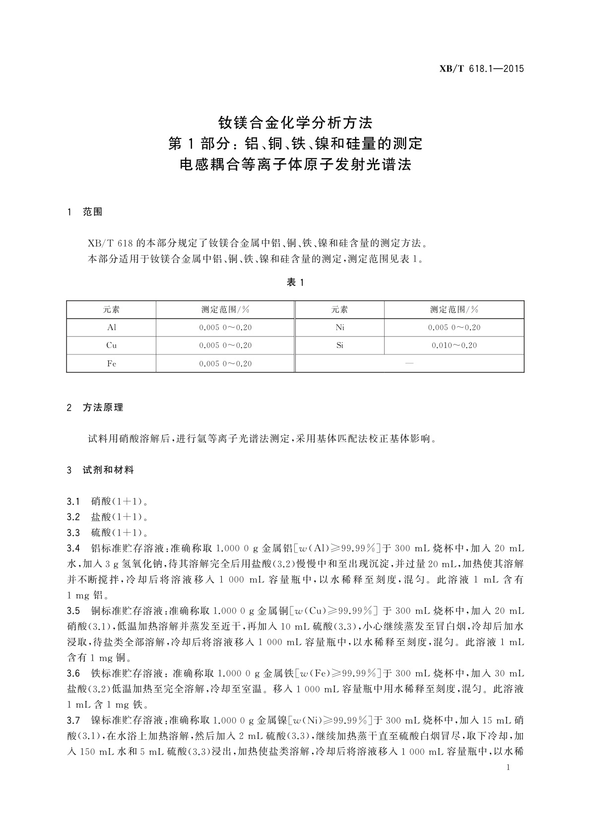 XB/T 618.1-2015 钕镁合金化学分析方法　第1 部分： 铝、铜、铁、镍和硅量的测定　电感耦合等离子体原子发射光谱法