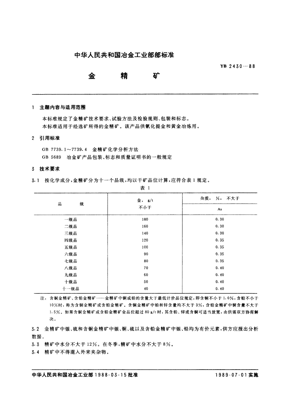 YB 2430-1988 金精矿