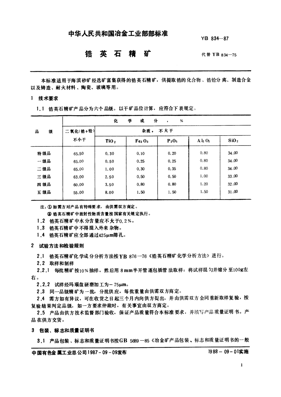 YB 834-1987 锆英石精矿