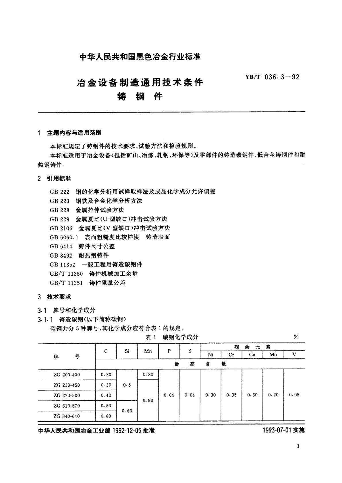 YB/T 036.3-1992 冶金设备制造通用技术条件铸钢件