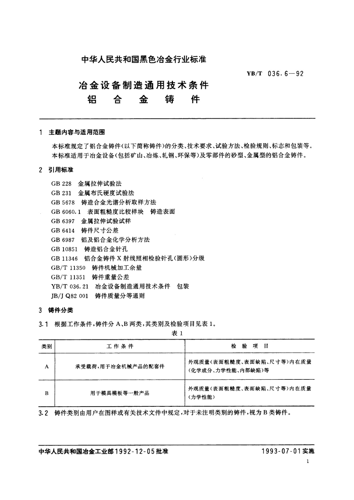 YB/T 036.6-1992 冶金设备制造通用技术条件铝合金铸件