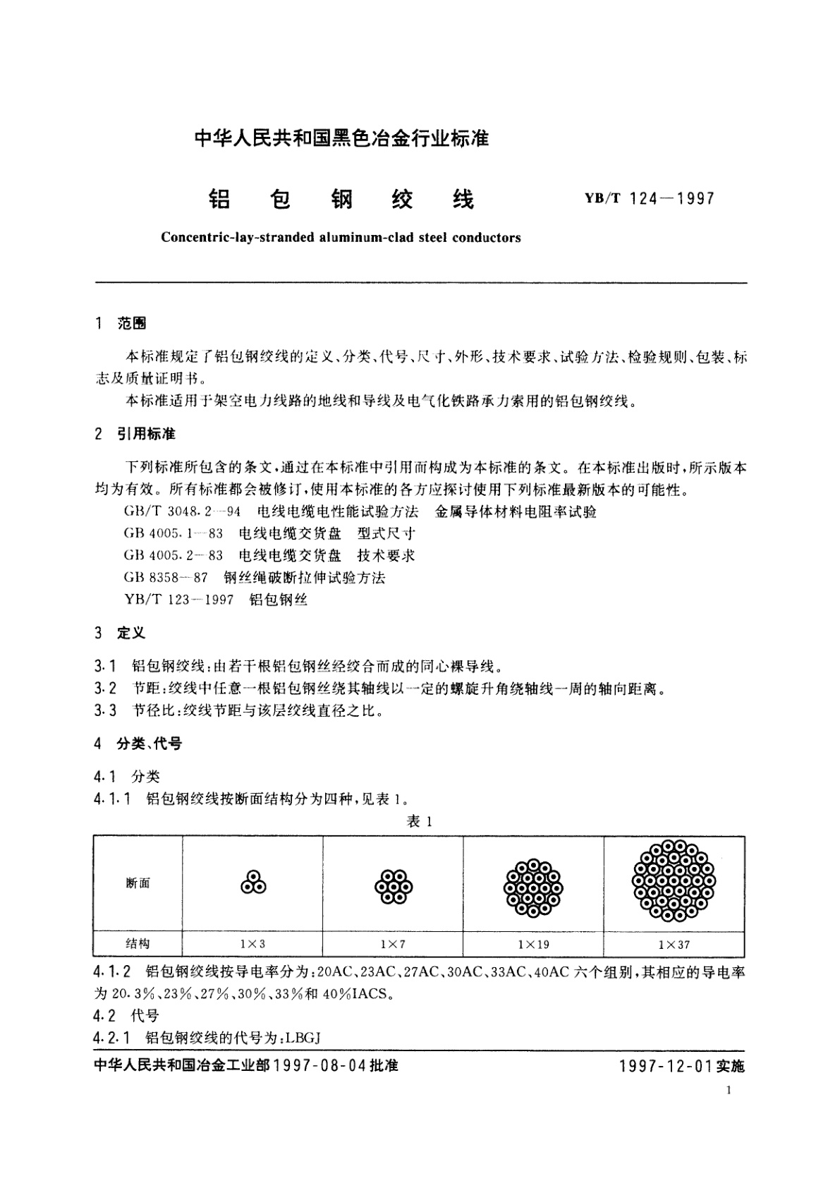 YB/T 124-1997 铝包钢绞线