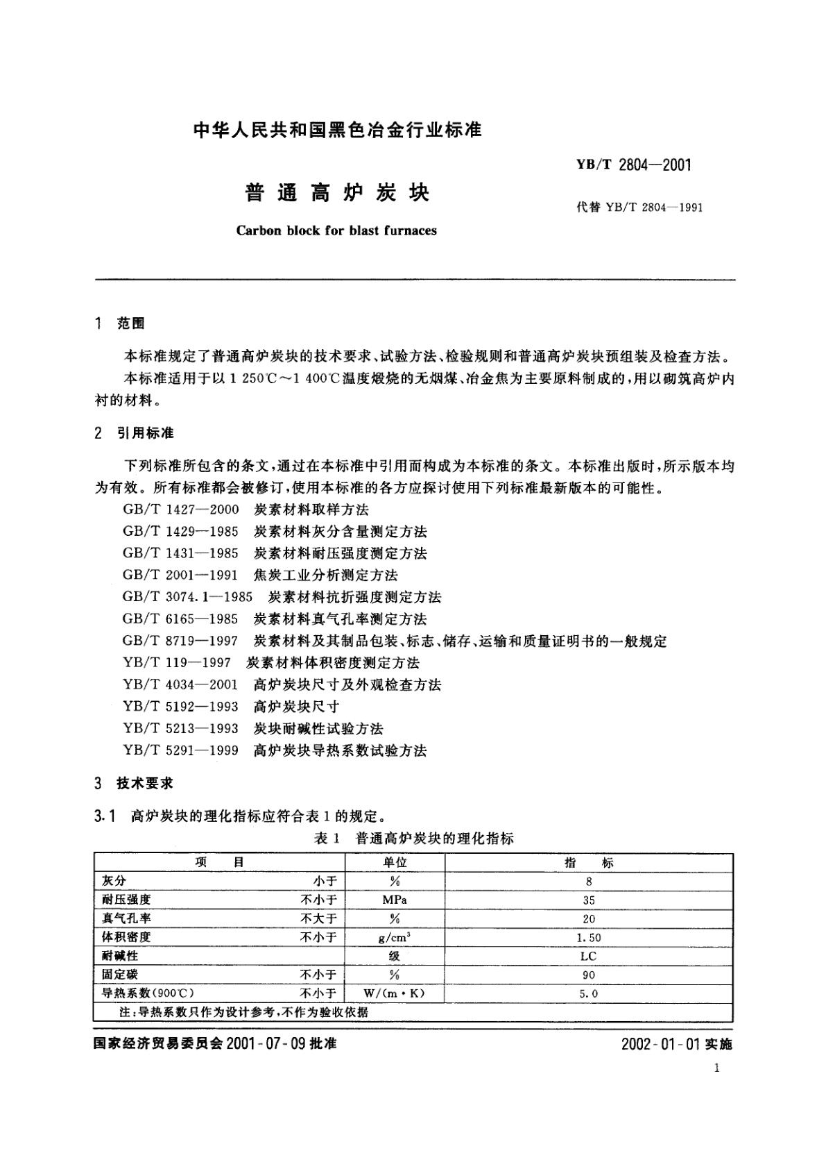 YB/T 2804-2001 普通高炉炭块