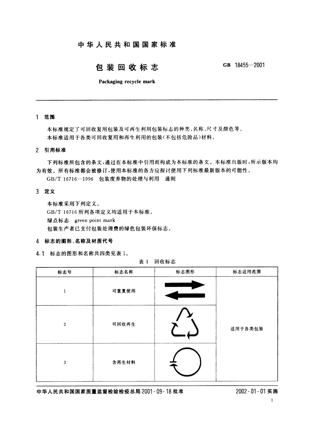 GB 18455-2001 包装回收标志