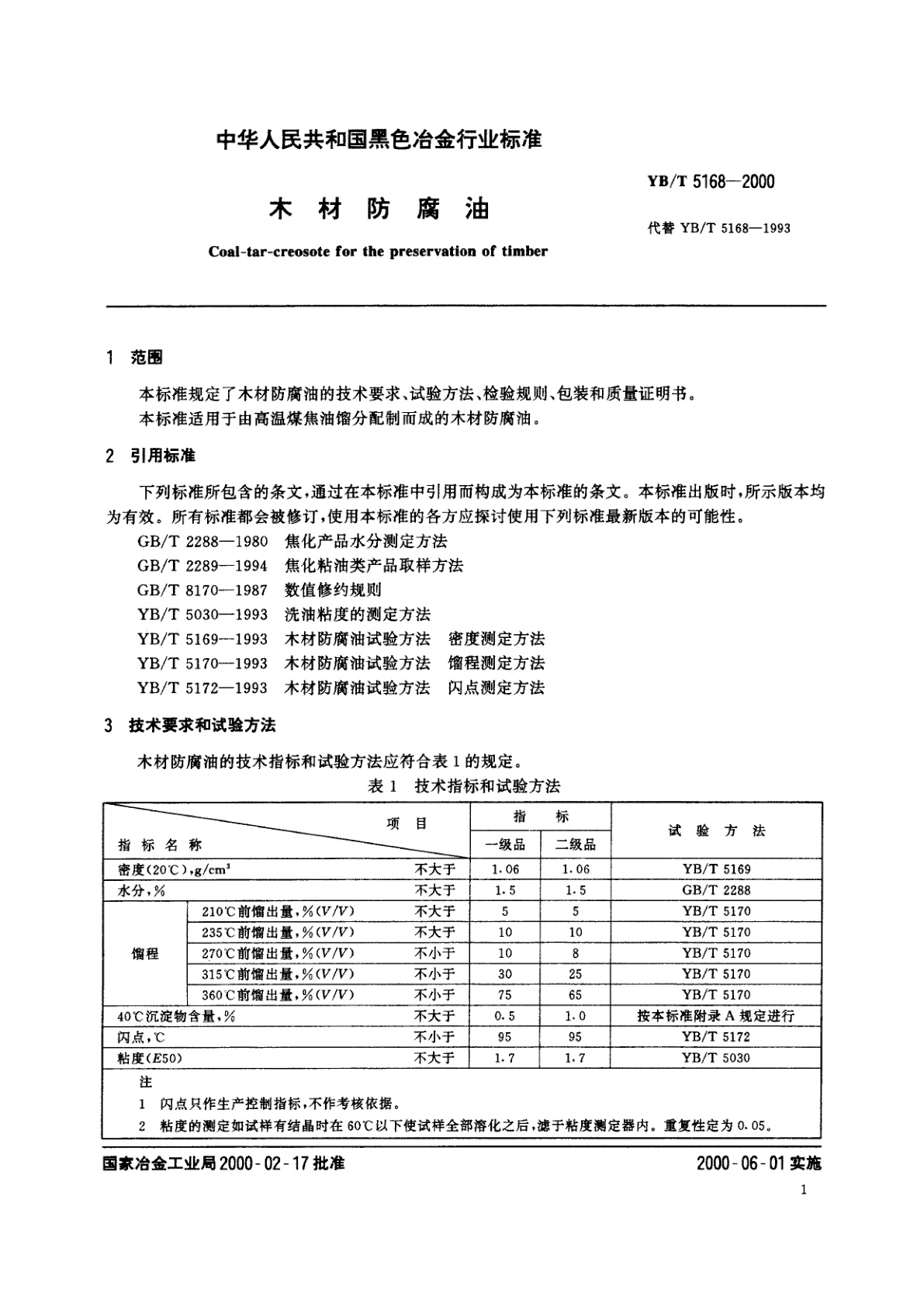 YB/T 5168-2000 木材防腐油