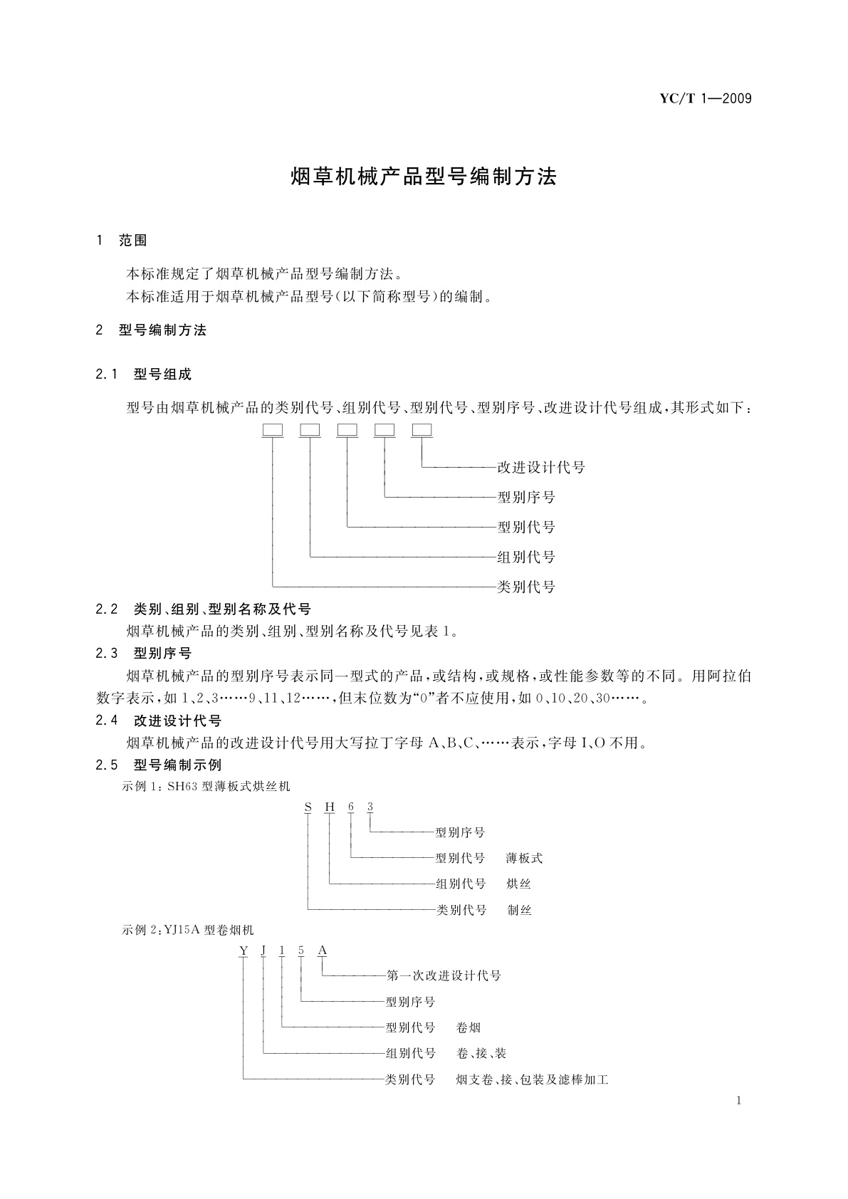 YC/T 1-2009 烟草机械产品型号编制方法